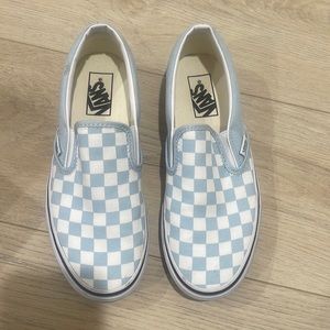 Baby blue checkered vans slip on